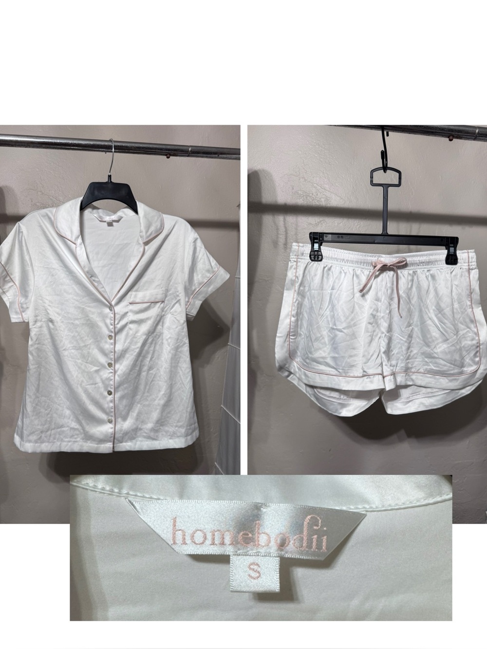 Homebodii Grace White Satin Pajama Set with Pink Piping - Size S